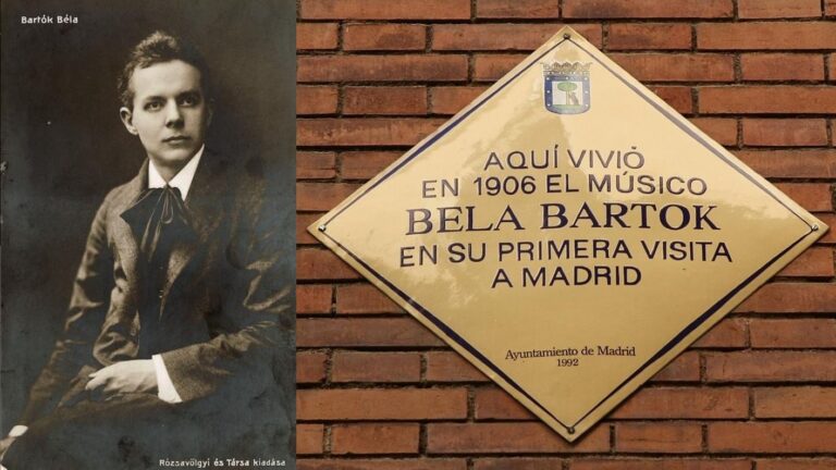 Bartók Béla ifjúkori képe és madridi látogatásának emléktáblája - Forrás: Magyar Nemzeti Múzeum/Europeana és Biblioteca Digital Memoria de Madrid
