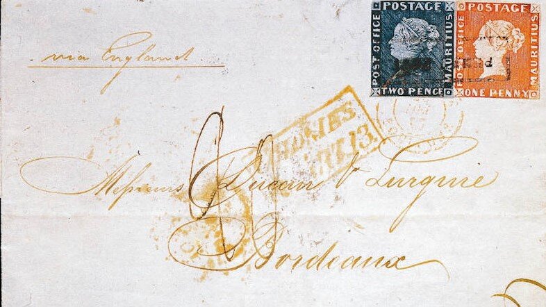 Az úgynevezett „Bordeaux-i levél” a kétféle Mauritius-bélyeggel – forrás: Wikimedia