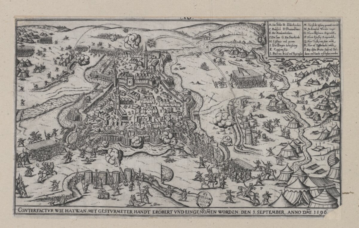 Hans Sibmacher: Hatvan ostroma, 1596. A feltöltött vizesárkon át rohamozzák meg az ágyúk törte réseket. - forrás: MNM
