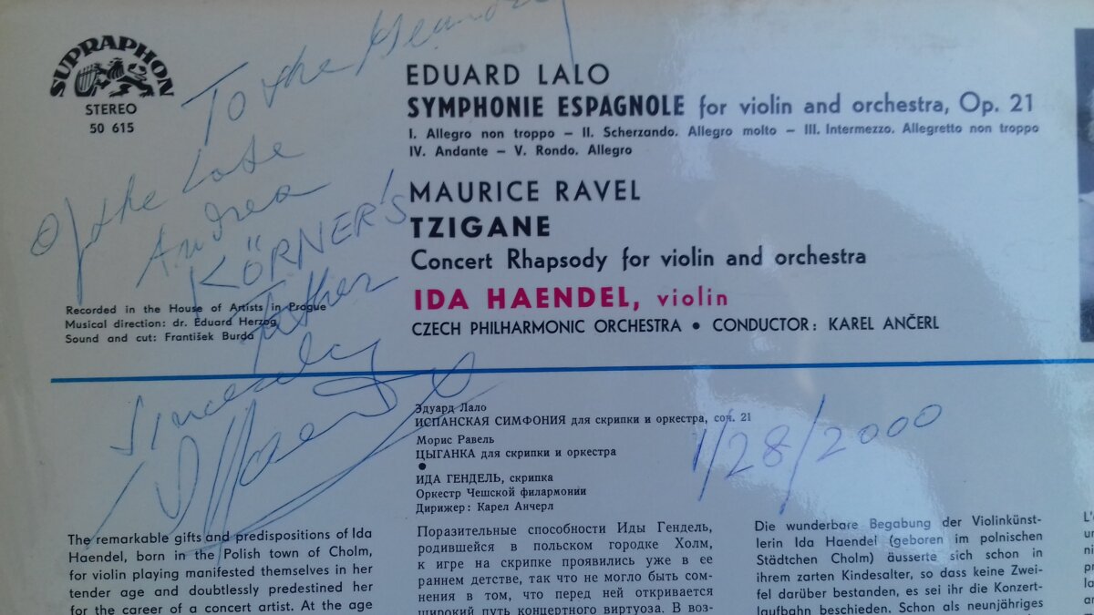 Ida Haendel dedikációja a Supraphon lemez borítóján