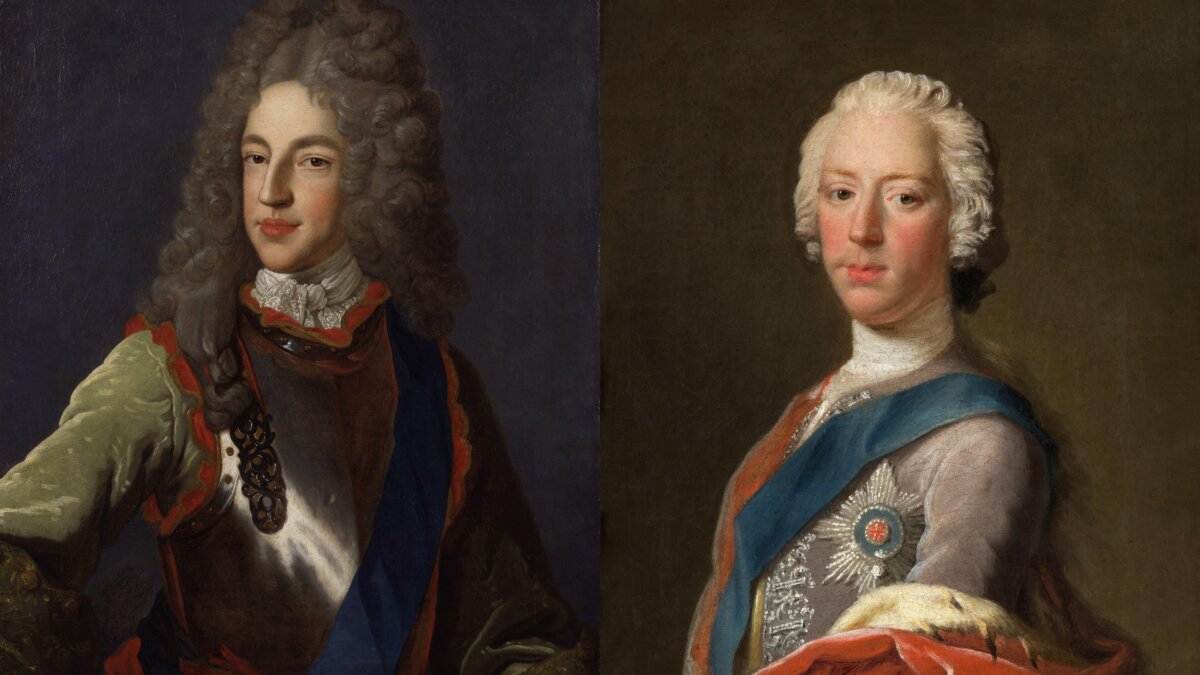 II. Jakab fia (balra), James Francis Edward Stuart, vagyis a reménybeli III. Jakab, az öreg Trónkövetelő és jobbra az ő fia, Charles Edward Stuart, vagy közkeletű becenevén „Bonnie Prince Charlie" vagyis „a daliás Karcsi herceg" - forrás: wikipedia