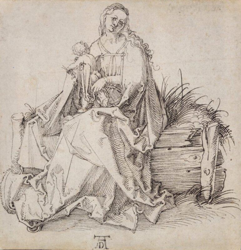 Albrecht Dürer: A Szűz és a gyermek virággal, füves padon – forrás: Agnew’s Gallery