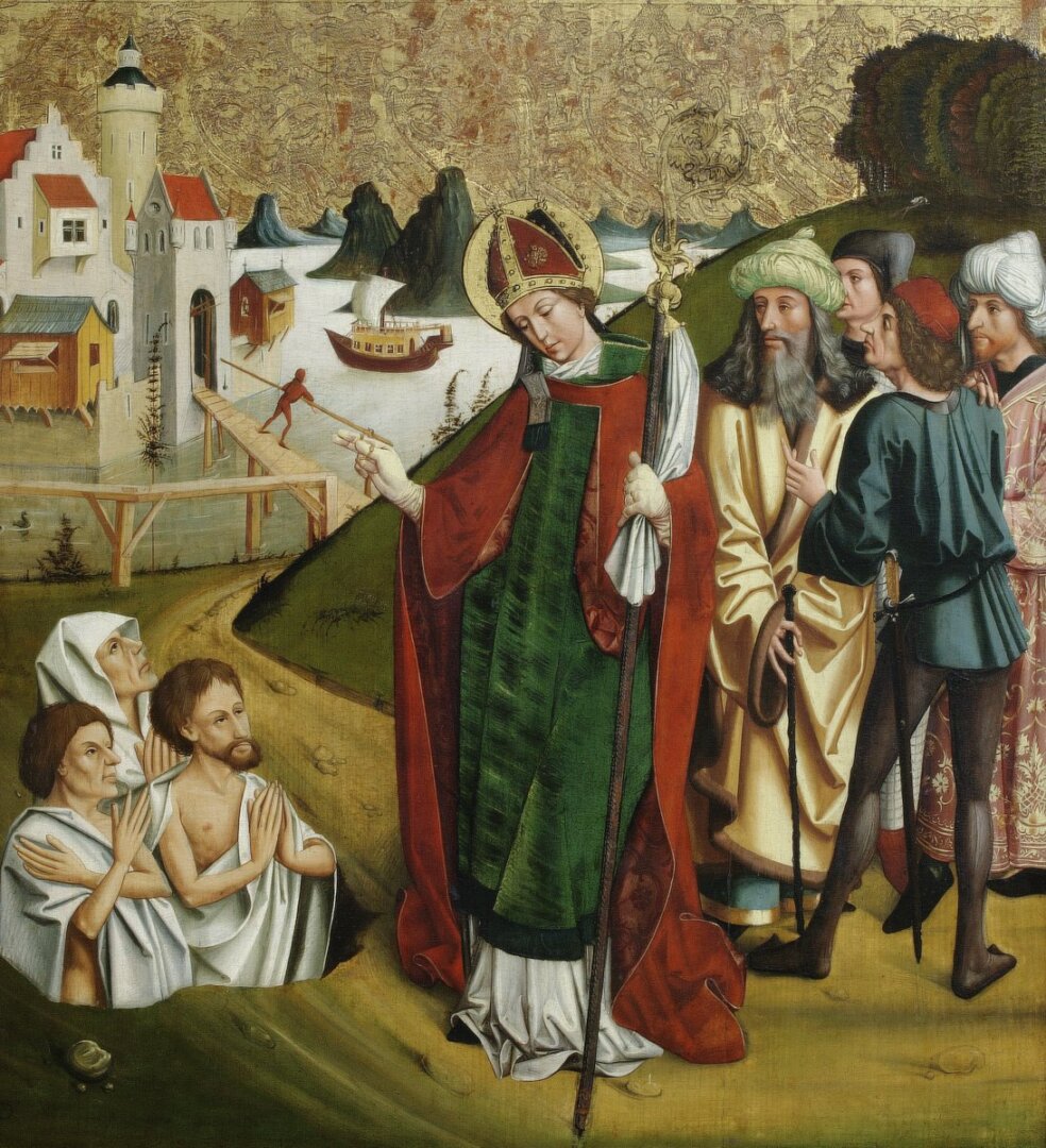 Szent Miklós három halottat támaszt fel. Ismeretlen helyről származó oltárszárny ünnepi oldalának részlete, 1490 körül - forrás: MNG