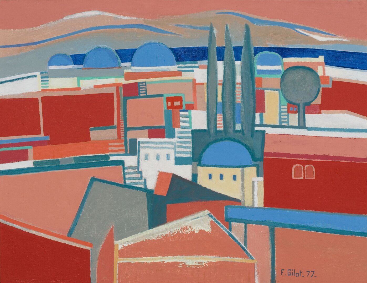 Françoise Gilot: Keleti város I.- II., 1977, olaj, vászon, 50x66 cm, Várfok Galéria