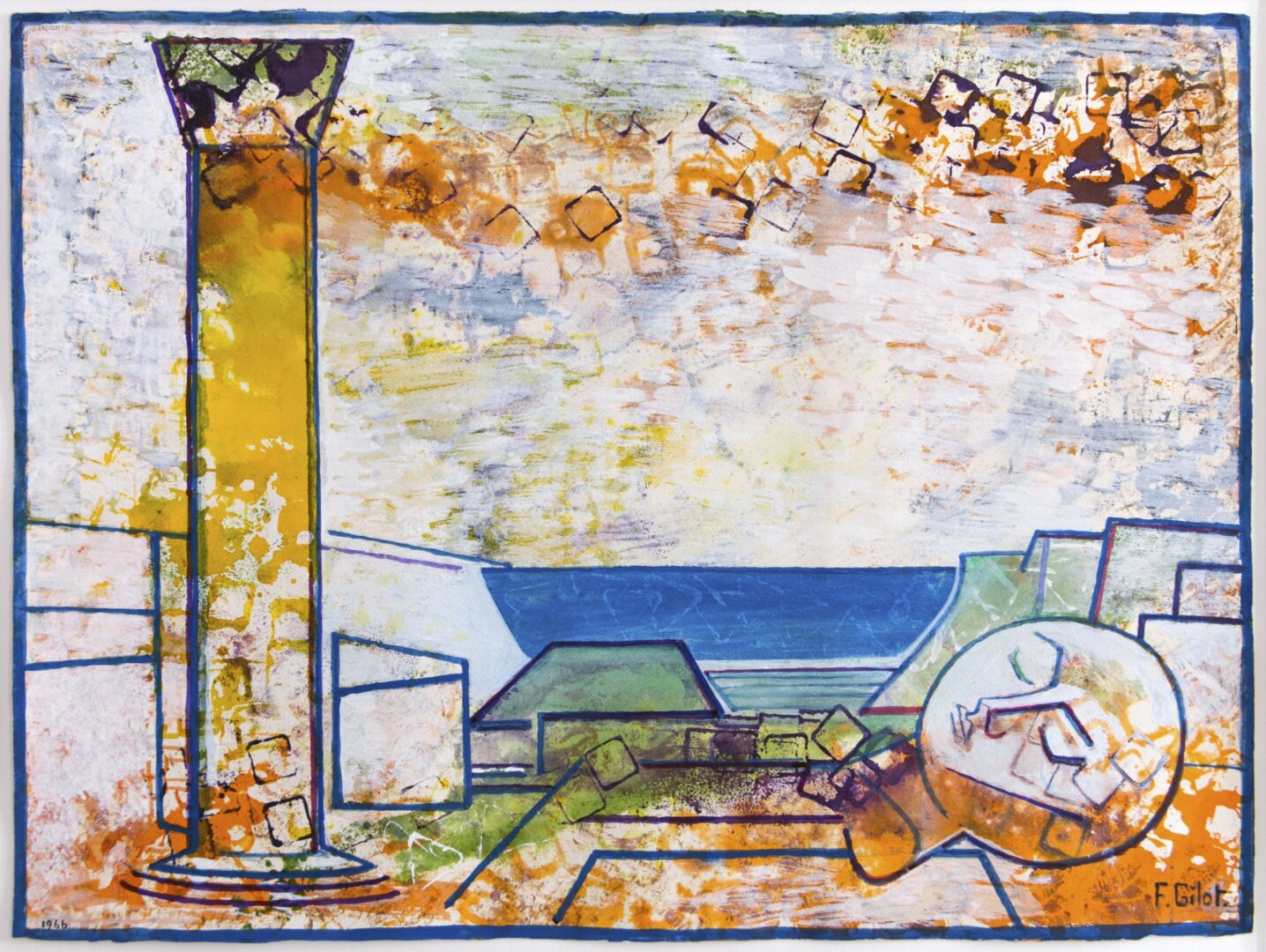 Françoise Gilot: Tájkép oszloppal és lehullott fejjel, 1966, akvarell, papír, 56x76 cm, Várfok Galéria