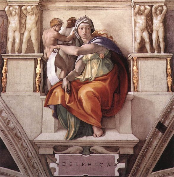 Michelangelo: Részlet a Sixtus-kápolna mennyezetfreskójáról: A delphoi szibilla - forrás: wikipedia