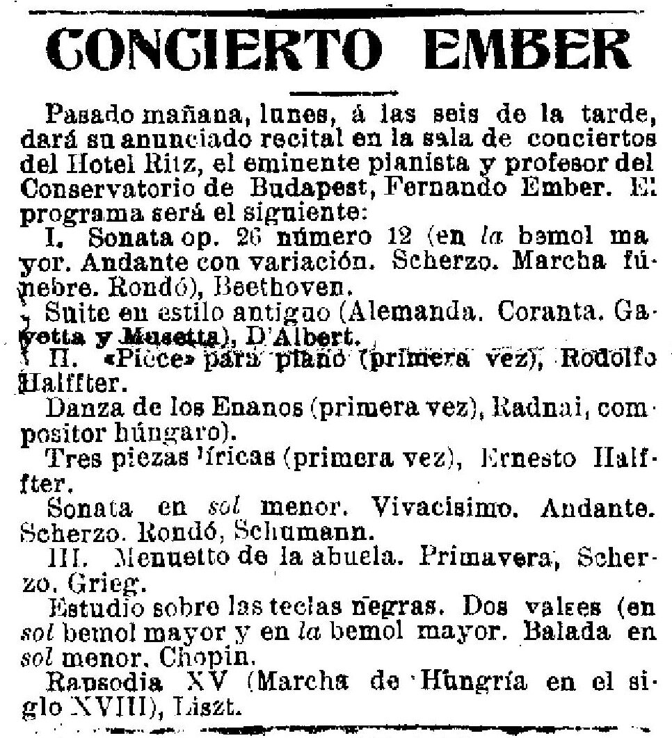 Ember Nándor egyik koncertjének programja, Ritz Hotel, 1922. március 17. - Forrás: La Época, 1922.03.25.