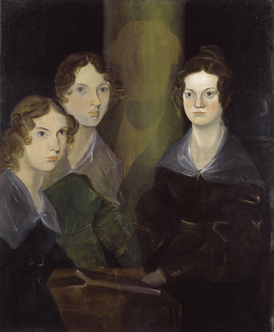 Anne, Emily, és Charlotte Brontë, fivérük, Branwell (c. 1834) képén. A férfi magát is terstvérei közé festette, de aztán meggondolta magát és kiretusálta az alakját a képról - forrás: National Portrait Gallery, London.