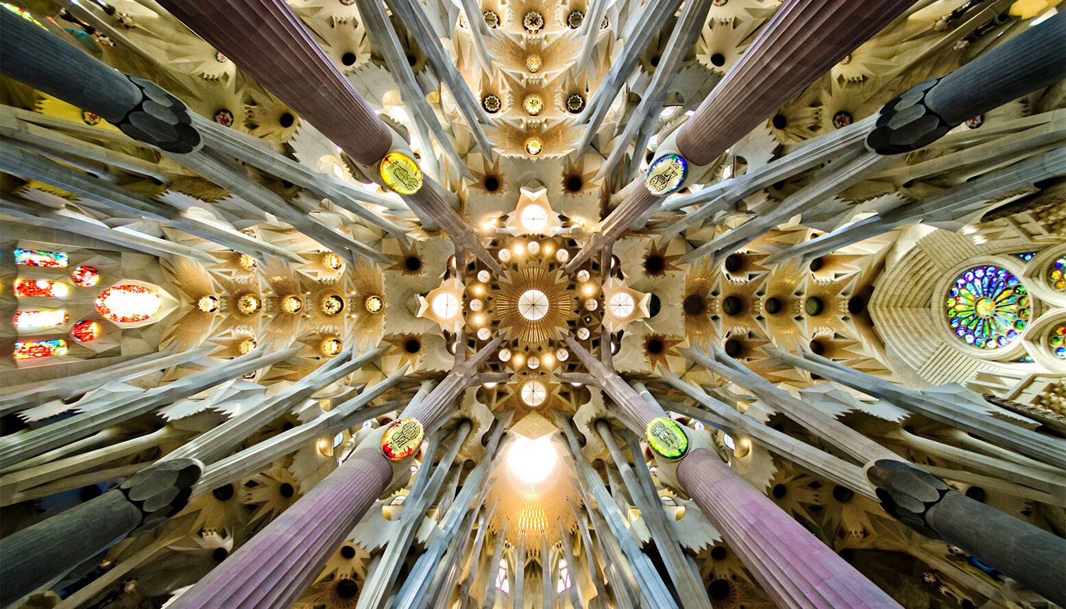 A Sagrada Familia templomhajójának különleges mennyezete, amelyhez a fákból merített ihletet. Az oszlopok a fák törzsét, a mennyezet mintázata az ágakat idézik. - forrás: wikipedia