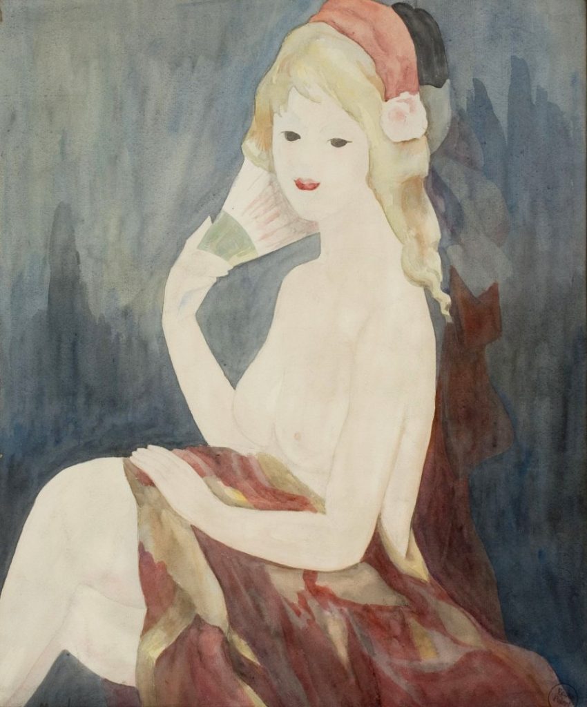 Marie Laurentin: Lány legyezővel, é.n., akvarell, papír, 52x42 cm, magántulajdonban 