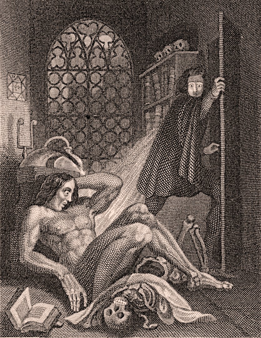 A Frankenstein 1831-es kiadásának fedőlapja, Theodor von Holst munkája, a regényhez készült egyik első illusztráció - forrás: közkincs/wikipedia