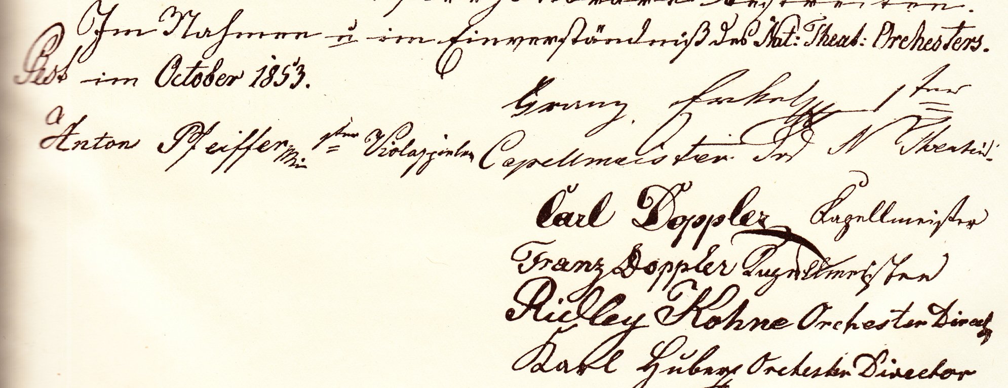 A Filharmóniai Társaság alapító okiratának aláírásai, balra Pfeiffer Antal neve, mint első brácsás.
