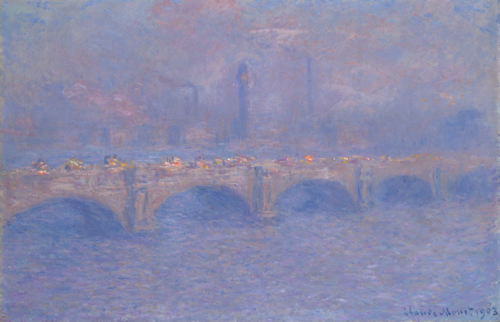 Claude Monet: Waterloo Bridge, soleil voile (Waterloo híd, fátyolos napsütés) - forrás: közkincs