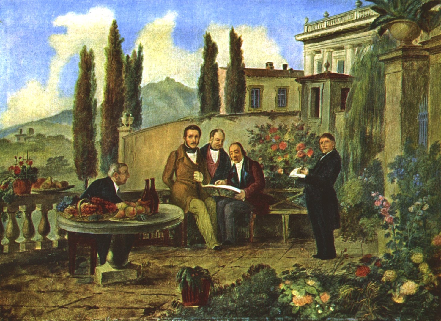 Deleidi: Donizetti és barátai: (balról jobbra) Luigi Bettinelli [it], Gaetano Donizetti, Antonio Dolci [ru], Simon Mayr, és maga a festő, Luigi Deleidi, Bergamo, 1840 - forrás: wikipedia