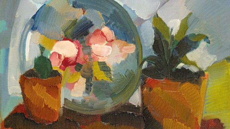 Nemes Lampérth József: Csendélet cserepes növényekkel és tányérral - forrás: Virágh Judit Galéria