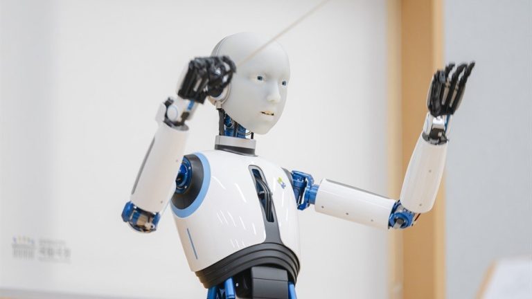 A Koreai Szimfonikusokat vezénylő EveR 6 robot - forrás: Koreai Nemzeti Színház