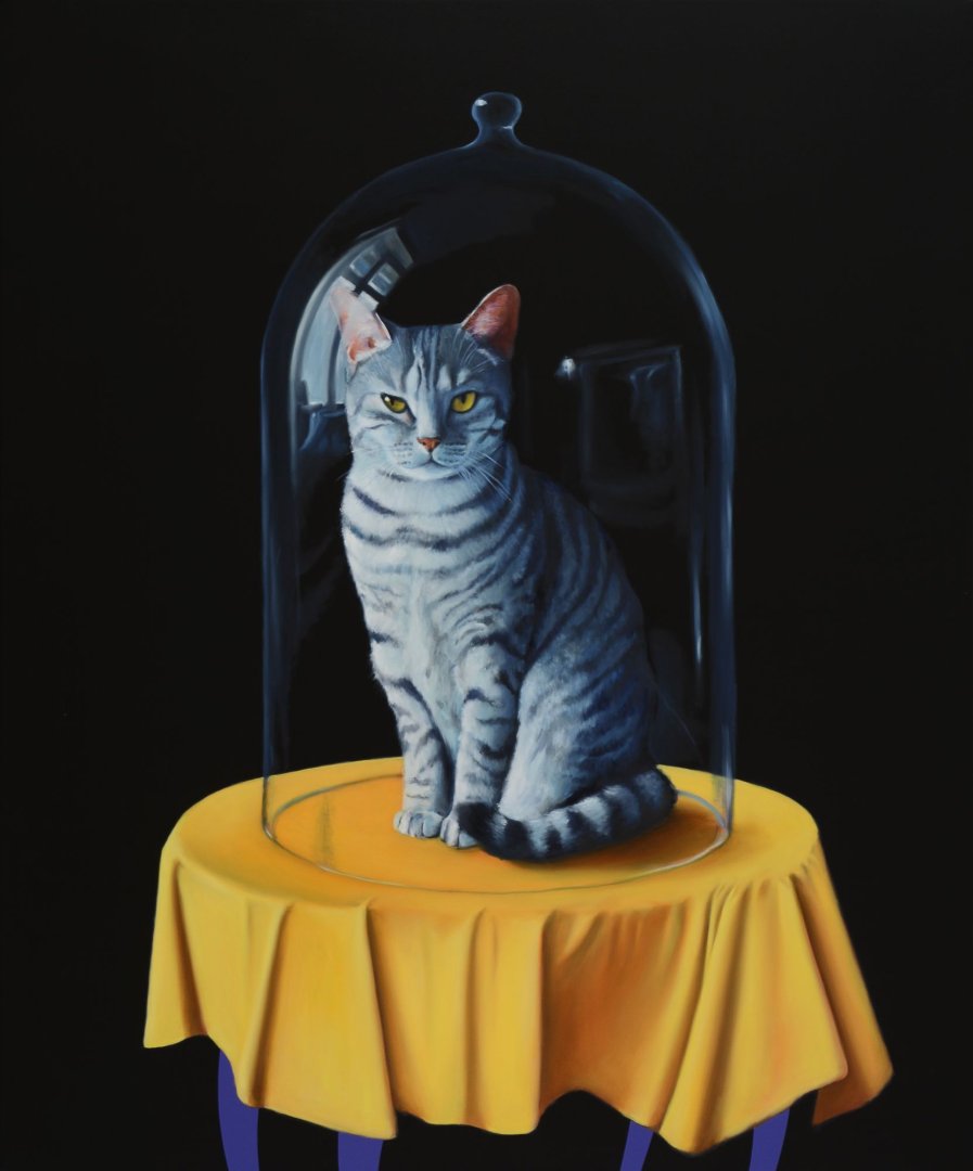Orr Máté: Ornamentális macska, 2023, 90x75 cm, olaj, akril, vászon; Fotó: Várfok Galéria