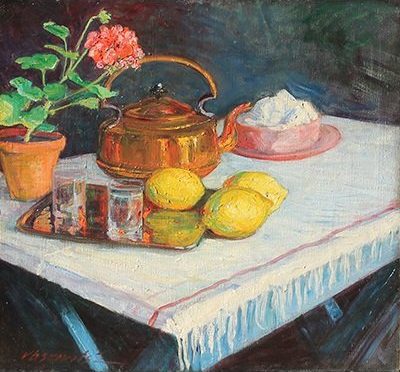Vaskovits Erzsébet: Csendélet citrommal, tejszínhabos kávéval és muskátlival
