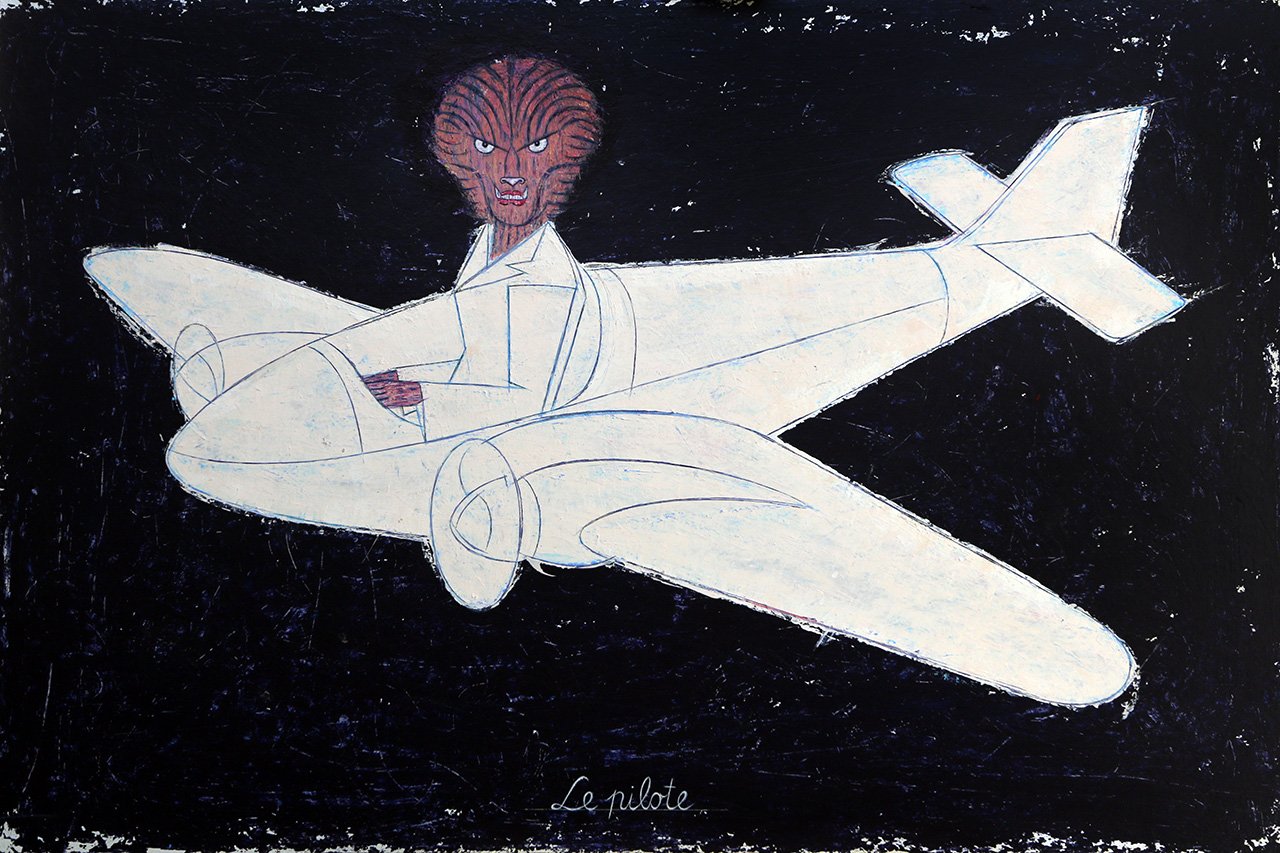 Rácmolnár Sándor: A pilóta (2023, 80x120 cm, akril, fa) – forrás: Várfok Galéria