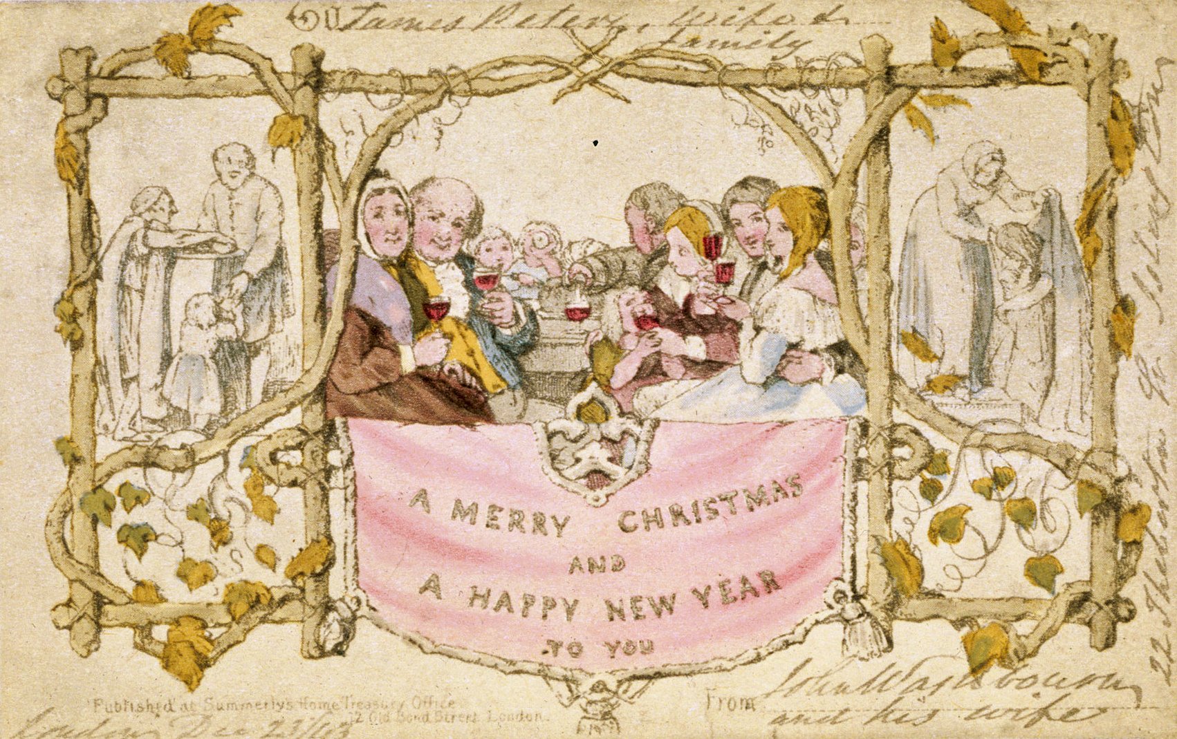 Az első előregyártott karácsonyi üdvözlőlap 1843-ból, amelyet John Callcott Horsley készített Henry Cole számára - forrás: wikipedia