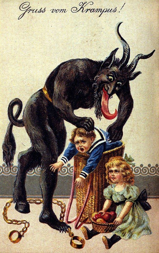 Képeslap 1900-as évek: A krampusz elviszi a rossz gyerekeket - forrás: wikipedia