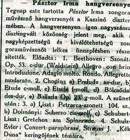 Egyik nagykanizsai szólóestje, 1921 - forrás: Zalai Közlöny 1921. márc. 20.