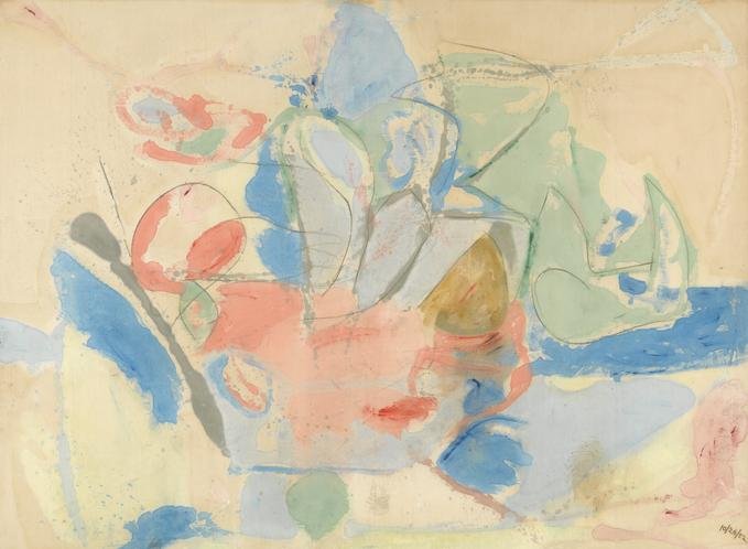 Helen Frankenthaler: Hegyek és tenger, 1952, 219x298 cm, olaj, szén, alapozatlan vászon National Gallery of Art, Washington, DC. - forrás: Wikipedia.