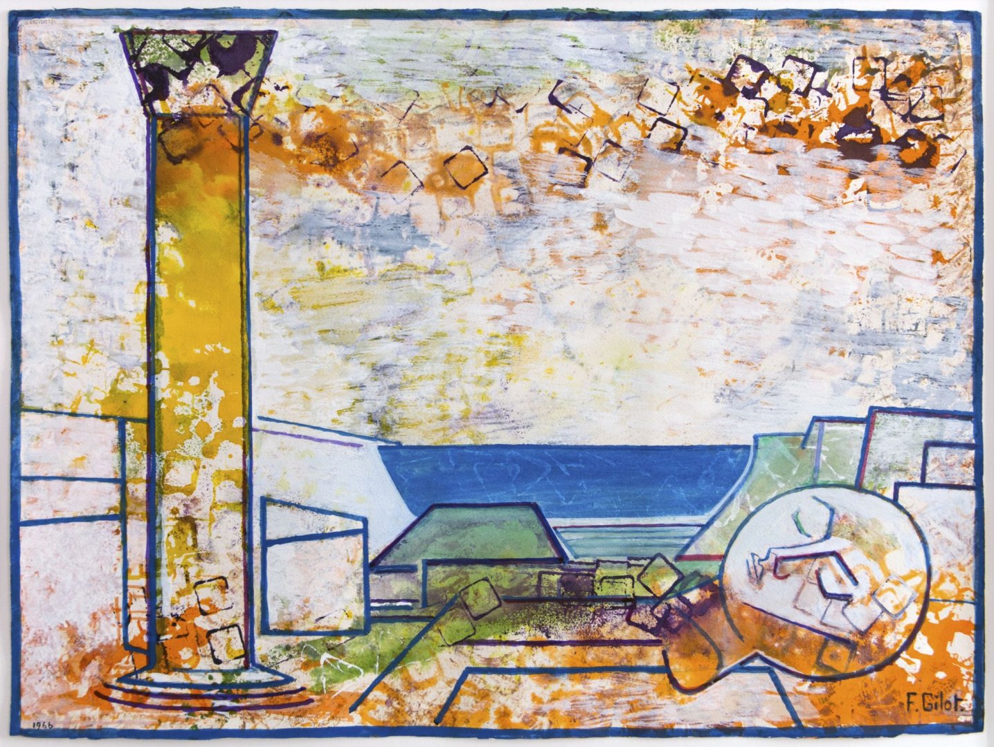 Françoise Gilot: Tájkép oszloppal és lehullott fejjel, 1966, 56x76 cm, akvarell, papír