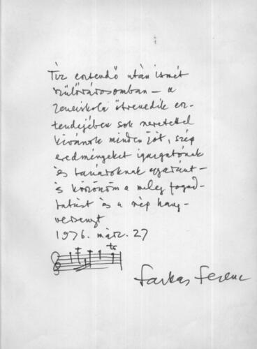 Farkas Ferenc 1976-os bejegyzése a zeneiskola vendégkönyvébe